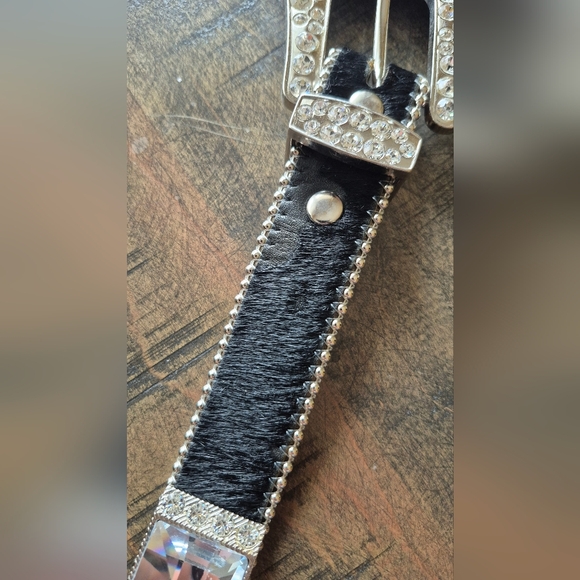 b.b. Simon Swarovski Crystal and Black Leather Cowhide Belt Unisex Size WomensXL - Picture 10 of 12
